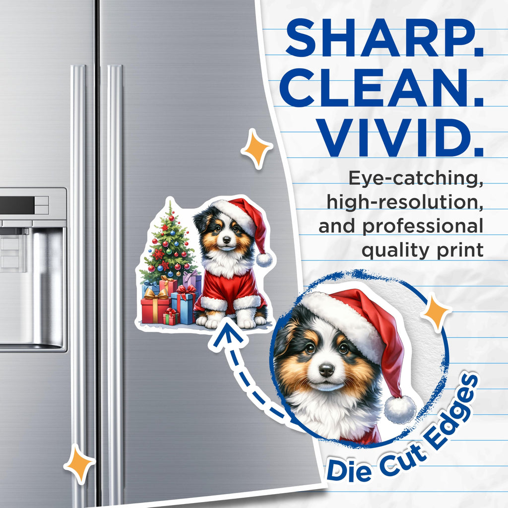 (2 Pack) Santa Puppy Magnets - Christmas Australian Shepherd Dog Decor - Festive Holiday Refrigerator Accessory - 5 Inches On Longest Side - Thick Durable Magnet - Made in USA - MAG28629