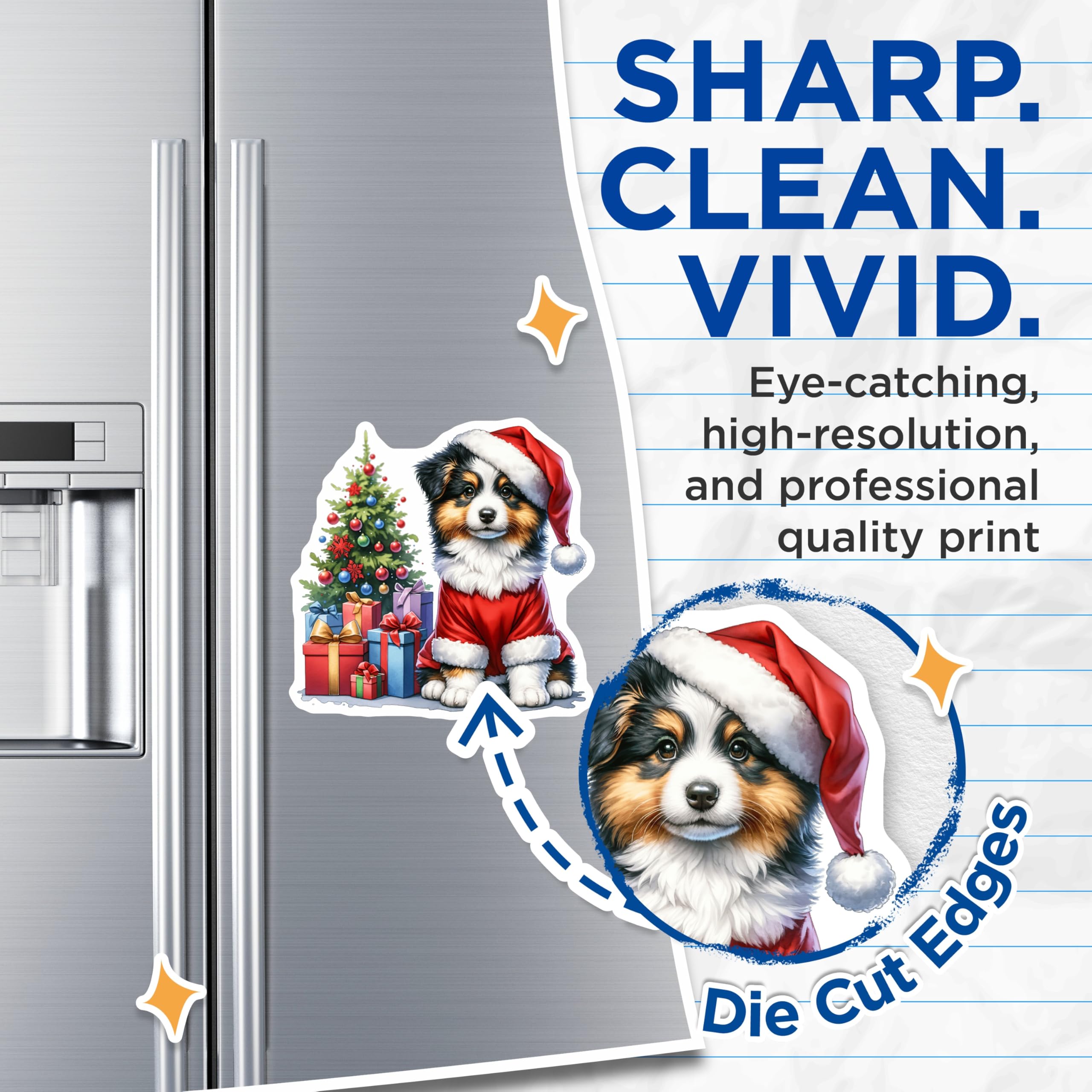(2 Pack) Santa Puppy Magnets - Christmas Australian Shepherd Dog Decor - Festive Holiday Refrigerator Accessory - 5 Inches On Longest Side - Thick Durable Magnet - Made in USA - MAG28629