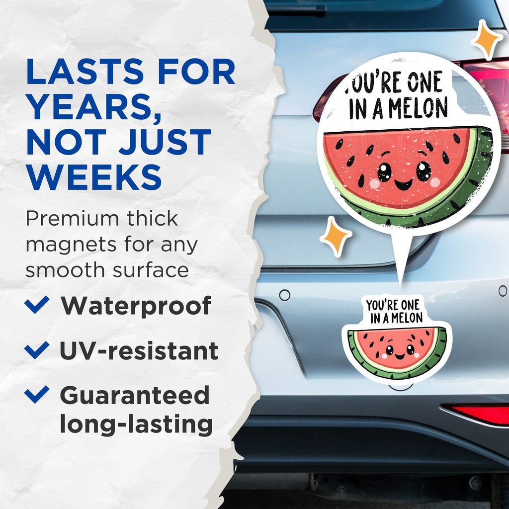 (2 Pack) You're One in A Melon Magnets - Cute Watermelon Pun - Refrigerator Decor - Funny Saying - 5 Inches On Longest Side - Thick Durable Magnet - Made in USA - MAG37432