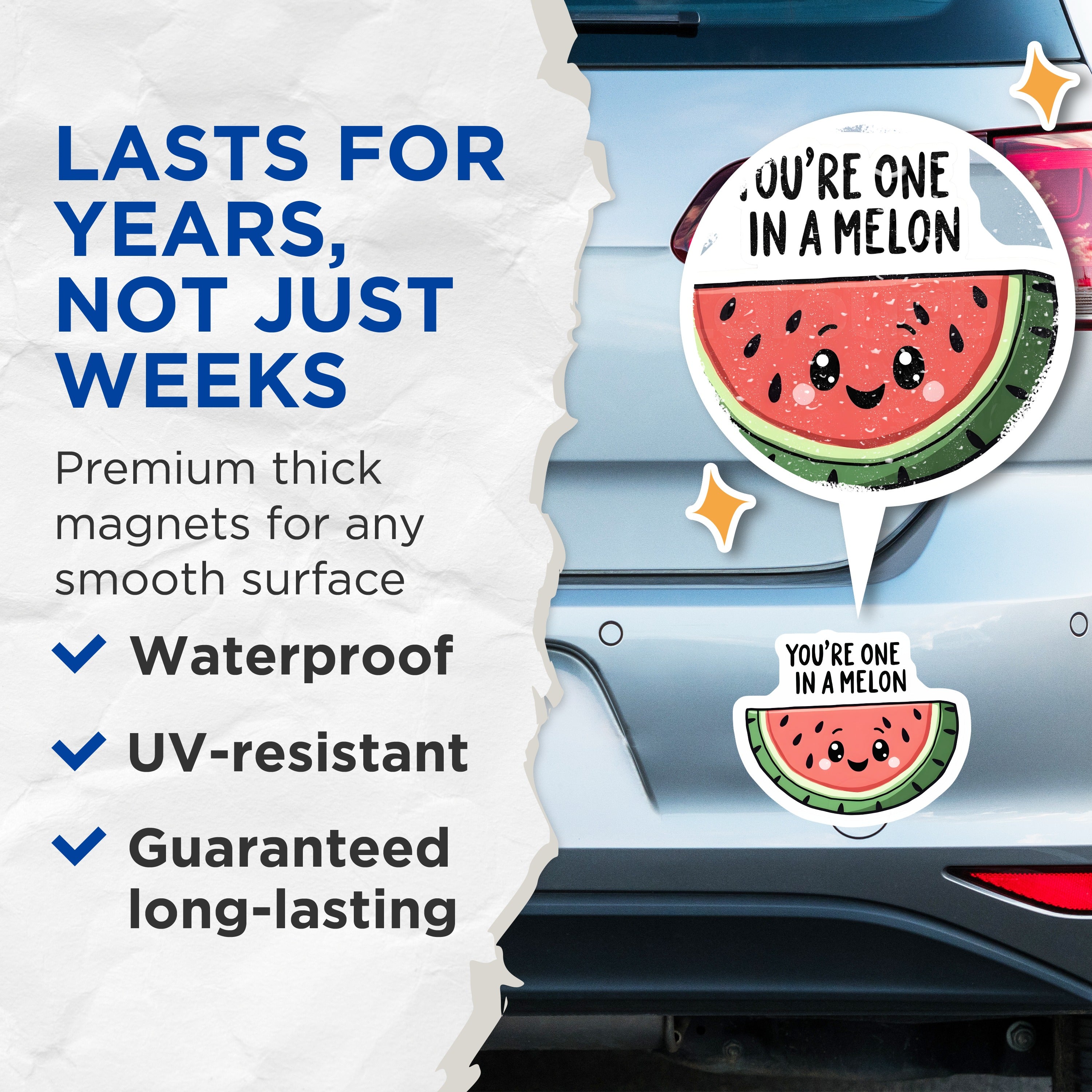 (2 Pack) You're One in A Melon Magnets - Cute Watermelon Pun - Refrigerator Decor - Funny Saying - 5 Inches On Longest Side - Thick Durable Magnet - Made in USA - MAG37432