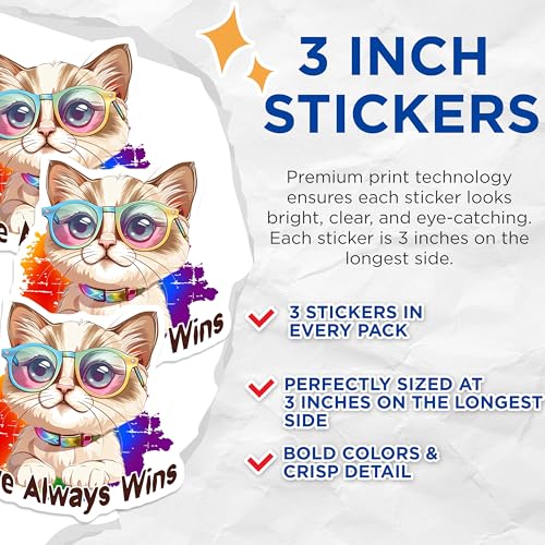 (3 Pack) Love Always Wins Decals - Cat with Glasses - Pride Decals - 3 Inches On Longest Side - Easy Peel & Apply - Made in USA - 3MCS7951