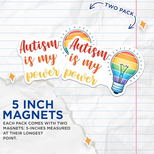 (2 Pack) Autism is My Power Magnets - Inspirational Quote Magnets - Light Bulb Design Magnets for Awareness - 5" On Longest Side - for Cars, Refrigerators, Toolboxes, Lockers - Made in USA BMCS3215