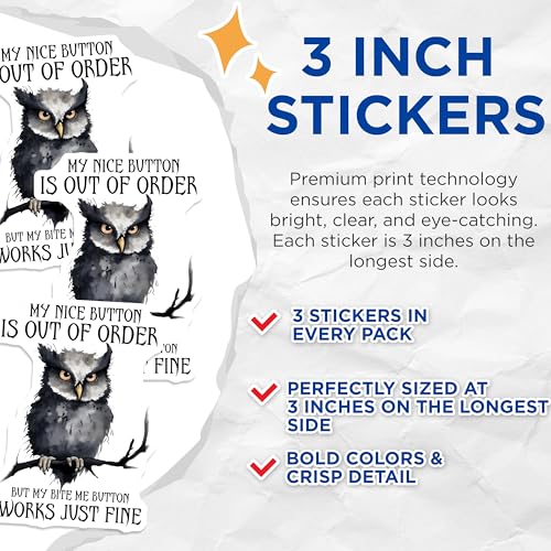 (3 Pack) Owl Decals - Funny Saying - Bite Me Button Sticker - 3 Inches On Longest Side - Easy Peel & Apply - Made in USA - 3MCS6493