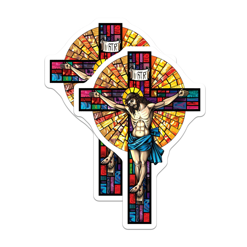 (2 Pack) Stained Glass Jesus Crucifix Magnets - Christian Religious Art - Catholic Faith Decor - Holy Cross Devotion - 5 Inches On Longest Side - Thick Durable Magnet - Made in USA - MAG38628