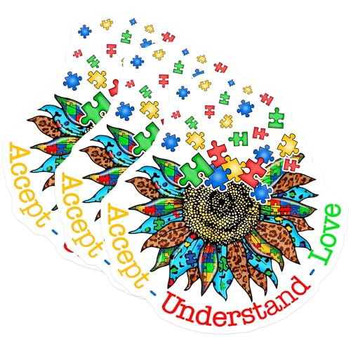 (3 Pack) Autism Awareness Decals - Puzzle Sunflower - Accept Love Understand - 3 Inches On Longest Side - Easy Peel & Apply - Made in USA - 3MCS7289