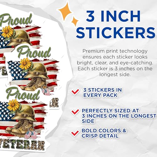 (3 Pack) Proud Veteran Decals - US Flag Military - Flower Boots Laptop Decal - 3 Inches On Longest Side - Easy Peel & Apply - Made in USA - 3MCS7131