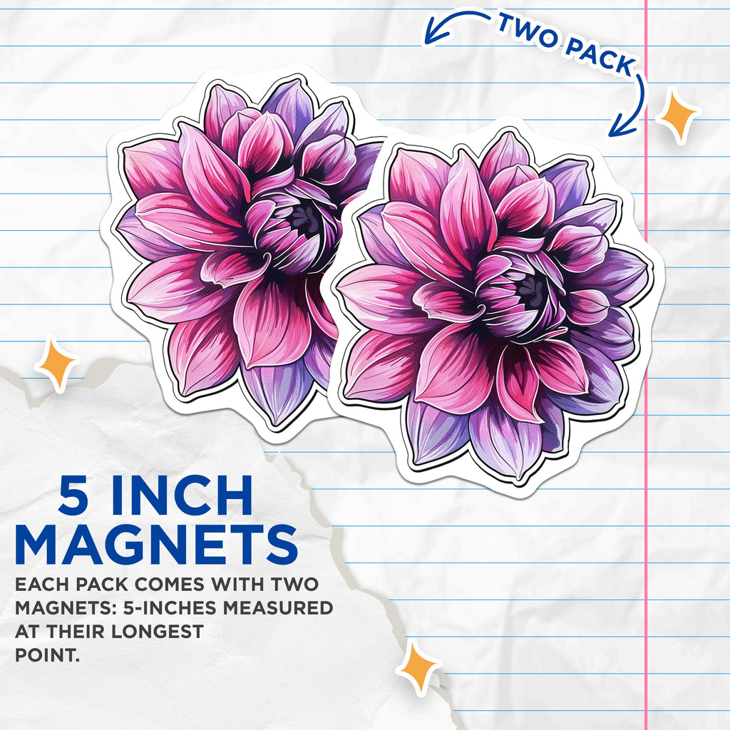 (2 Pack) Pink Purple Dahlia Flower Magnets - Vibrant Botanical Decor - Aesthetic Floral Fridge Locker - 5 Inches On Longest Side - Thick Durable Magnet - Made in USA - MAG38355