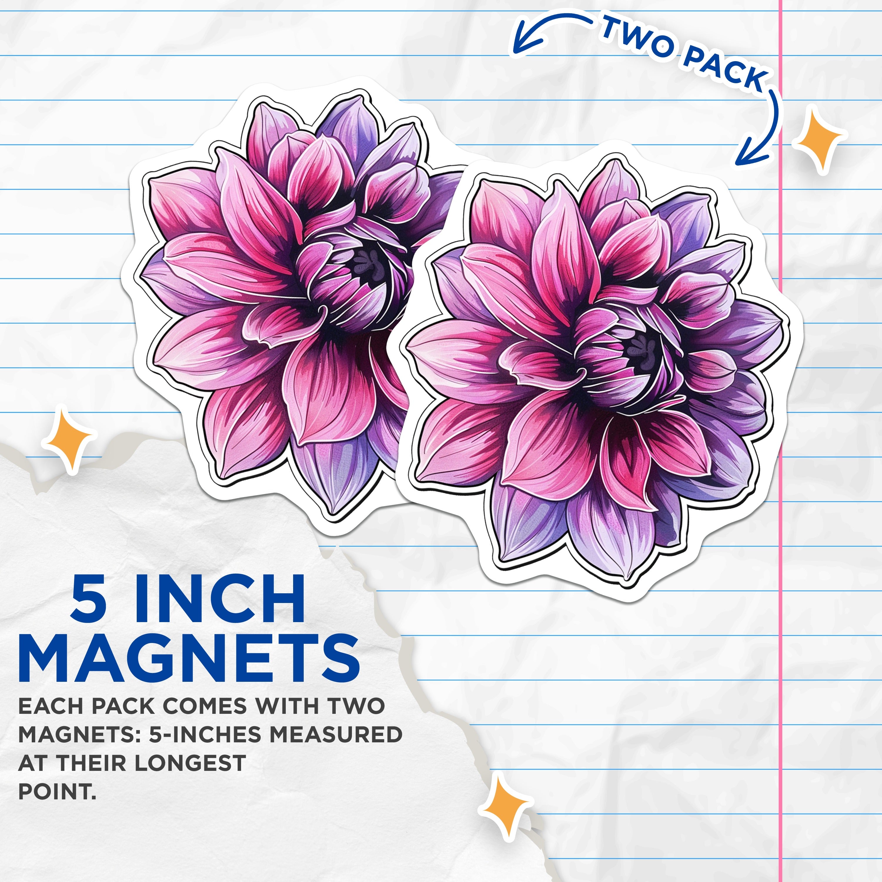 (2 Pack) Pink Purple Dahlia Flower Magnets - Vibrant Botanical Decor - Aesthetic Floral Fridge Locker - 5 Inches On Longest Side - Thick Durable Magnet - Made in USA - MAG38355