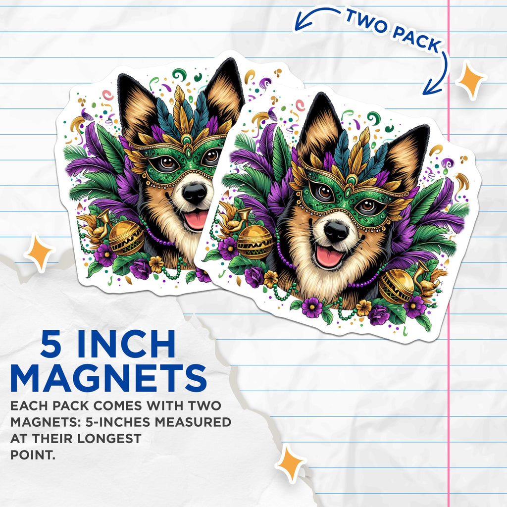 (2 Pack) Corgi Mardi Gras Magnets - Festive Dog - Celebration Decor - 5" On Longest Side - Premium Magnet - for Cars, Refrigerators, Toolboxes, Lockers - Made in USA - MAG14984