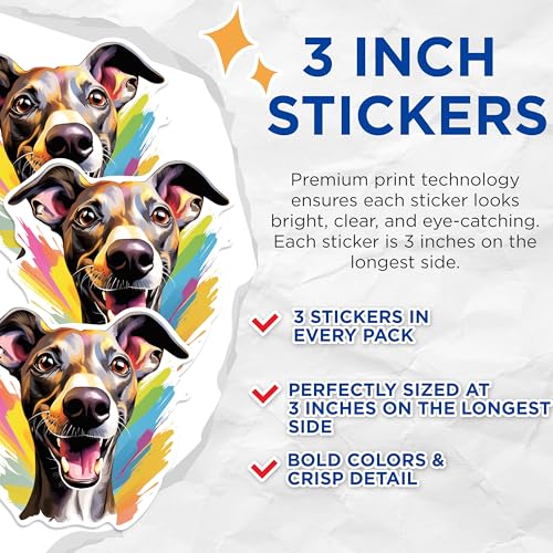 (3 Pack) Whippet Dog Decals - Cute Puppy Stickers - Colorful Pet Art Decals - 3 Inches On Longest Side - Easy Peel & Apply - Made in USA - 3MCS0758