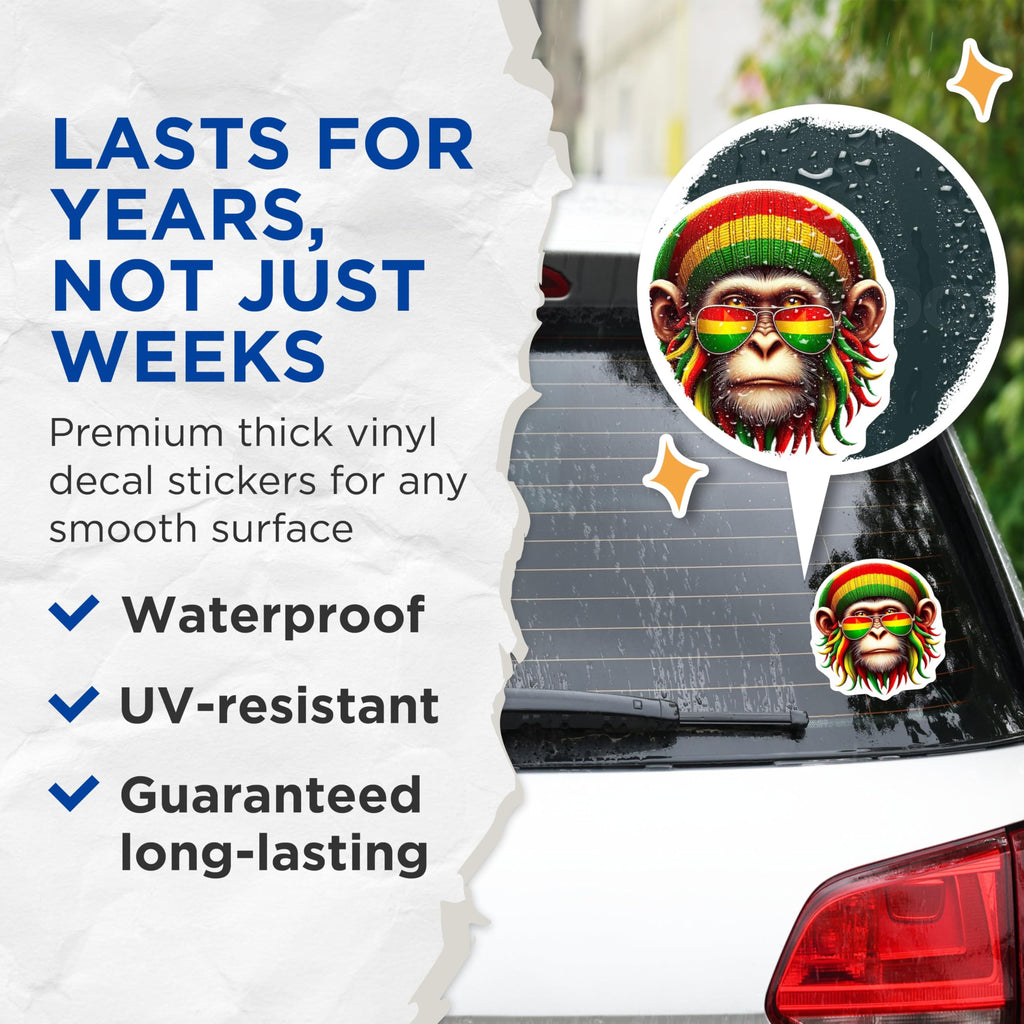 (2 Pack) Cool Rasta Monkey Stickers - Unique Animal Stickers - Fun Reggae Vibes Stickers - 5" On Longest Side - Sticks to Smooth Flat Surfaces - Made in USA - BMCS4382