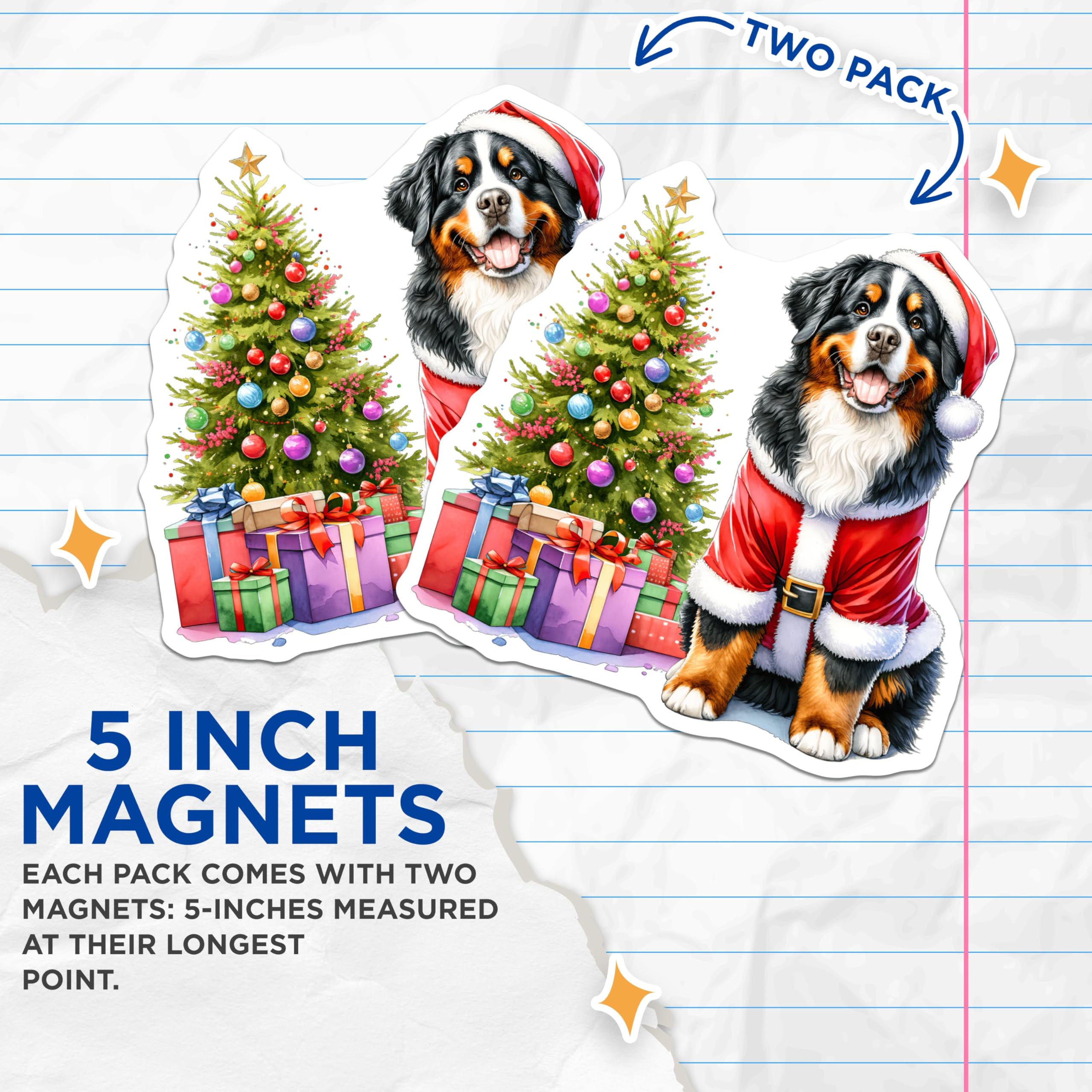 (2 Pack) Christmas Bernese Mountain Dog Magnets - Santa Dog Decor - Holiday Pet Lover - Cute Fridge Accents - Winter Holiday - 5 Inches On Longest Side - Thick Durable Magnet - Made in USA - MAG27111