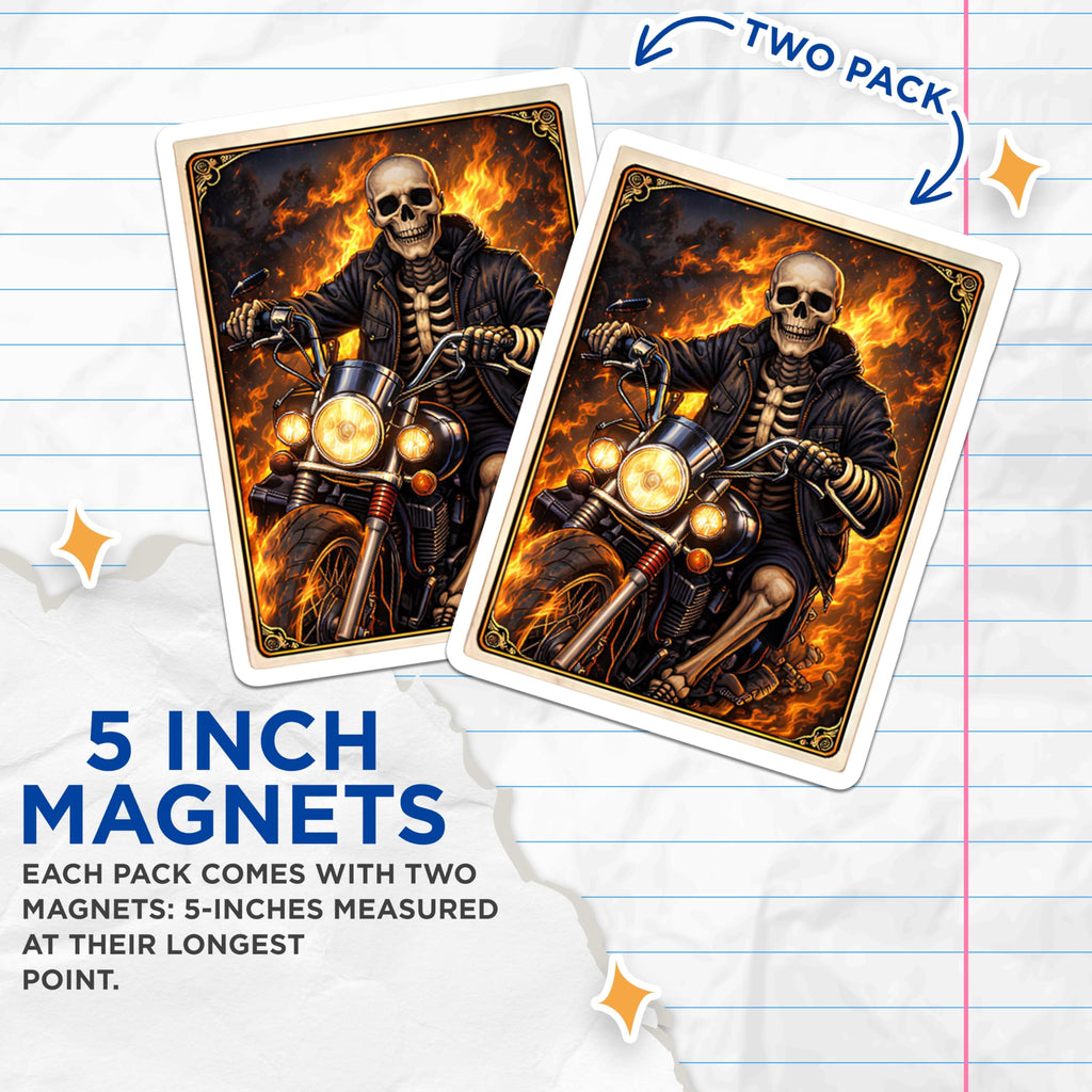 (2 Pack) Skeleton Rider Magnets - Motorcycle Fan Art - Flame Background Decor - 5" On Longest Side - Premium Magnet - for Cars, Refrigerators, Toolboxes, Lockers - Made in USA - MAG14008