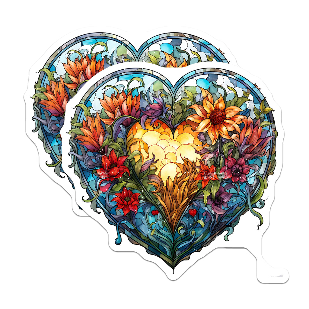 (2 Pack) Stained Glass Heart Magnets - Floral Botanical Art Nouveau Love Symbol - Vibrant Nature Inspired Fridge Locker Decor - 5 Inches On Longest Side - Thick Durable Magnet - Made in USA - MAG30258