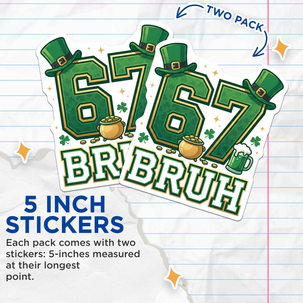 (2 Pack) Bruh St Patricks Day Stickers - Irish Lucky Clover - St Paddys Day Stickers- 5" On Longest Side - Sticks to Smooth Flat Surfaces - Made in USA - BMCS16949