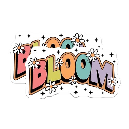 (2 Pack) Bloom Stickers - Colorful Floral Art - Inspirational Quote Decal - 5" On Longest Side - Sticks to Smooth Flat Surfaces - Made in USA - BMCS9629