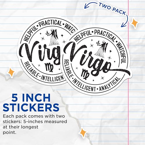 (2 Pack) Virgo Zodiac Stickers - Horoscope Astrology Stickers - Star Sign Stickers - 5" On Longest Side - Sticks to Smooth Flat Surfaces - Made in USA - BMCS5554