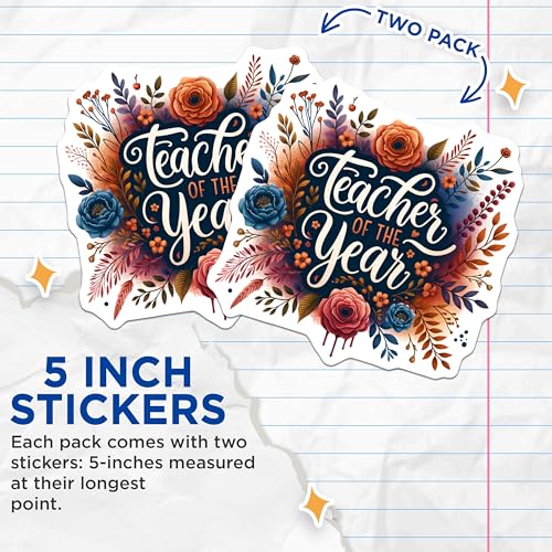 (2 Pack) Teacher of The Year Stickers - Floral Teacher Appreciation Stickers - End of Year Teacher Gift Stickers - 5" On Longest Side - Sticks to Smooth Flat Surfaces - Made in USA - BMCS4423