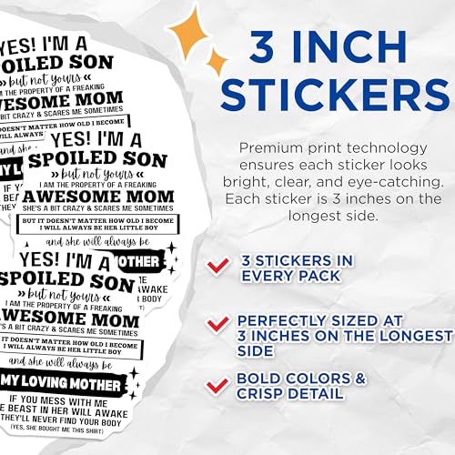 (3 Pack) Spoiled Son Decals - Awesome Mom Sticker - Crazy Mom Gift Decal- 3 Inches On Longest Side - Easy Peel & Apply - Made in USA - 3MCS5006