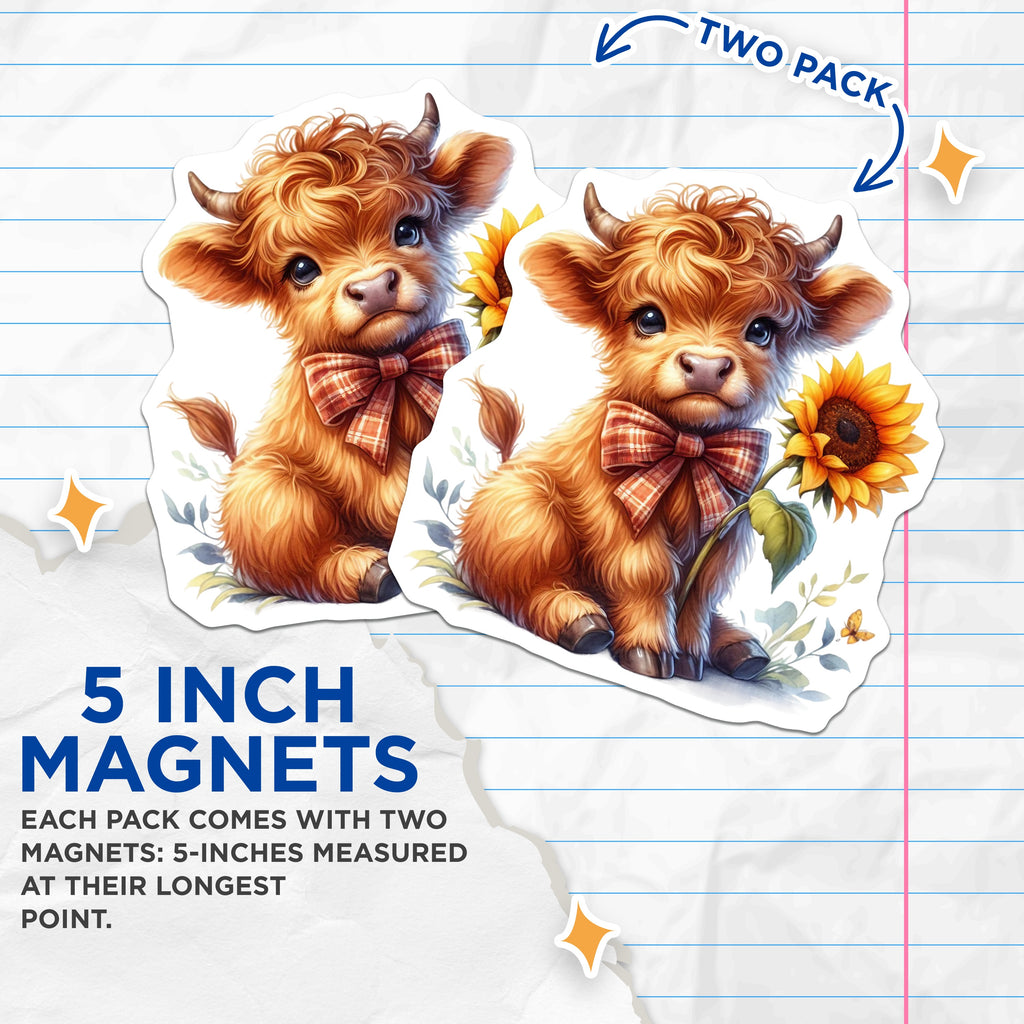 (2 Pack) Cute Highland Cow Magnets - Baby Calf Sunflower Kitchen Decor - Farmhouse Refrigerator Art - 5 Inches On Longest Side - Thick Durable Magnet - Made in USA - MAG37555