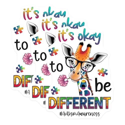 (3 Pack) Autism Awareness Decals - Giraffe Sticker - Its Okay to be Different Decal - 3 Inches On Longest Side - Easy Peel & Apply - Made in USA - 3MCS0057