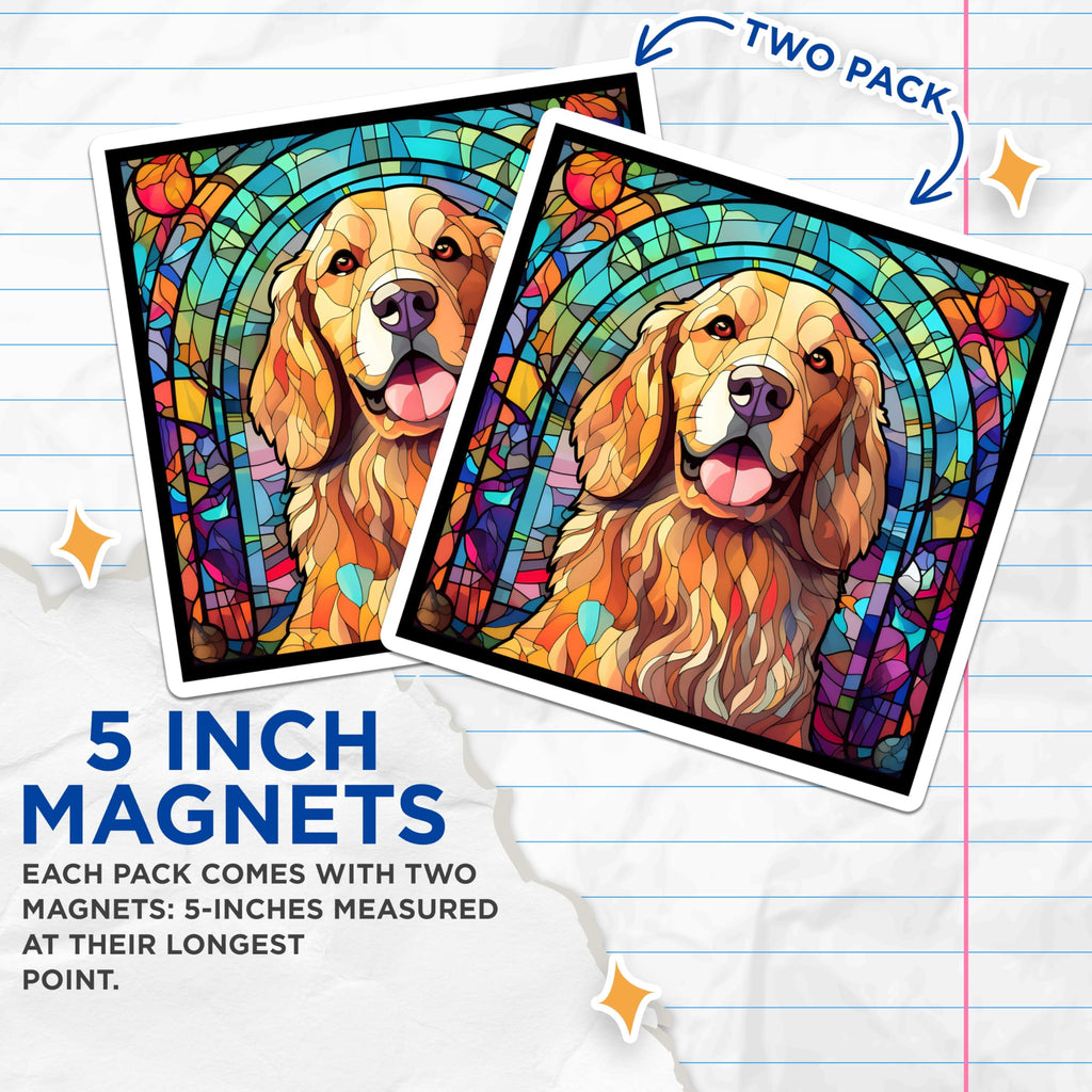 (2 Pack) Golden Retriever Magnets - Stained Glass Dog Art - Fridge Lockers Home Decor - 5" On Longest Side - Premium Magnet - for Cars, Refrigerators, Toolboxes, Lockers - Made in USA - MAG14972