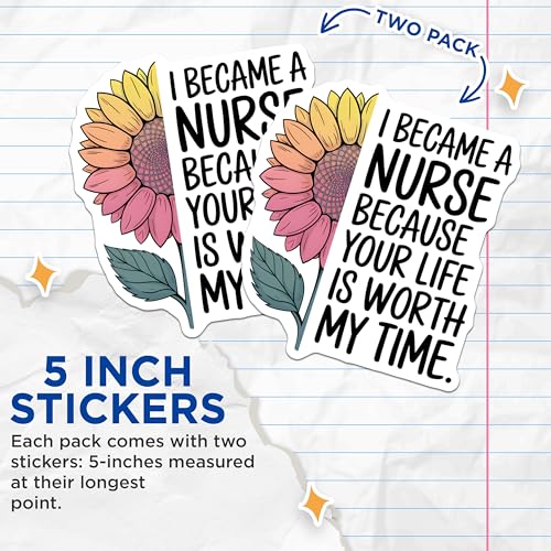 (2 Pack) Nurse Appreciation Stickers - Inspirational Nurse Quote - Sunflower Sticker for Nurses - 5" On Longest Side - Sticks to Smooth Flat Surfaces - Made in USA - BMCS6539