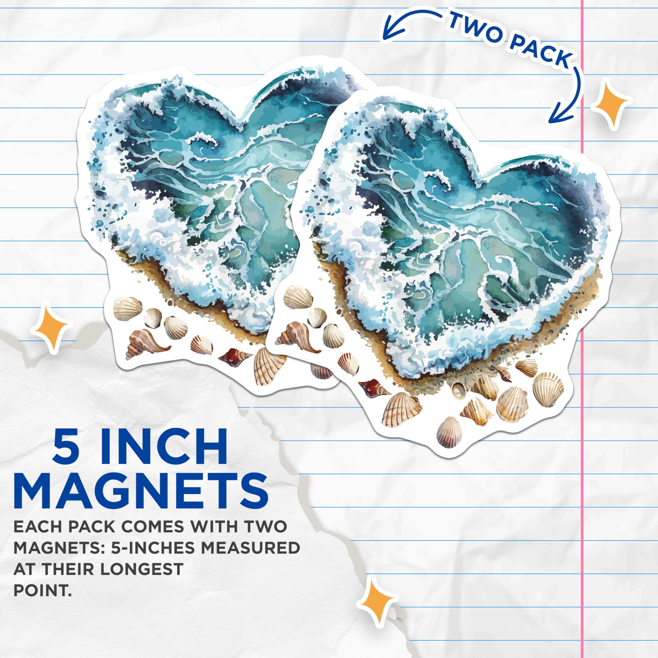 (2 Pack) Ocean Wave Heart Magnets - Coastal Beach Decor - Seashell Refrigerator Magnets - 5 Inches On Longest Side - Thick Durable Magnet - Made in USA - MAG19617
