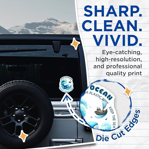 (2 Pack) Save The Ocean Stickers - Recycle Reduce Reuse - Keep The Sea Plastic-Free - 5" On Longest Side - Sticks to Smooth Flat Surfaces - Made in USA - BMCS7956