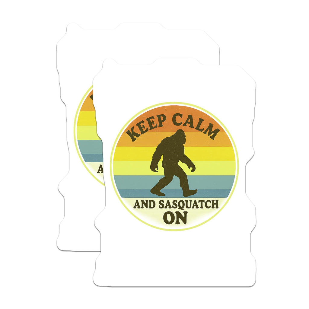 (2 Pack) Sasquatch Magnets - Keep Calm Bigfoot Decor - Funny Cryptid Hunter Accessory - Retro Sunset Wilderness Art - 5 Inches On Longest Side - Thick Durable Magnet - Made in USA - MAG22128