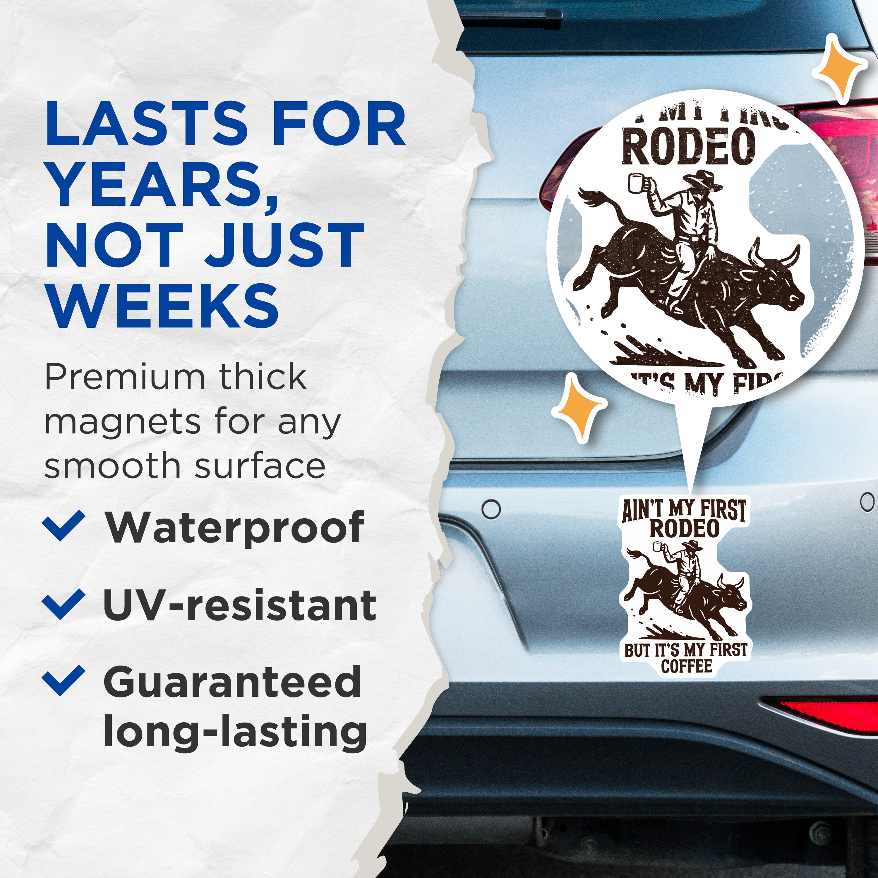 (2 Pack) Funny Rodeo Coffee Magnets - Ain't My First Coffee Humor - Western Cowboy Bull Riding Fridge Decor - 5 Inches On Longest Side - Thick Durable Magnet - Made in USA - MAG39842