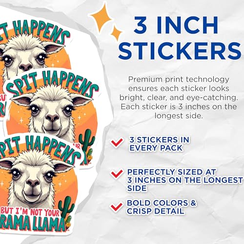 (3 Pack) Drama Llama Decals - Funny Llama Meme - No Drama Llama Decals - 3 Inches On Longest Side - Easy Peel & Apply - Made in USA - 3MCS4090