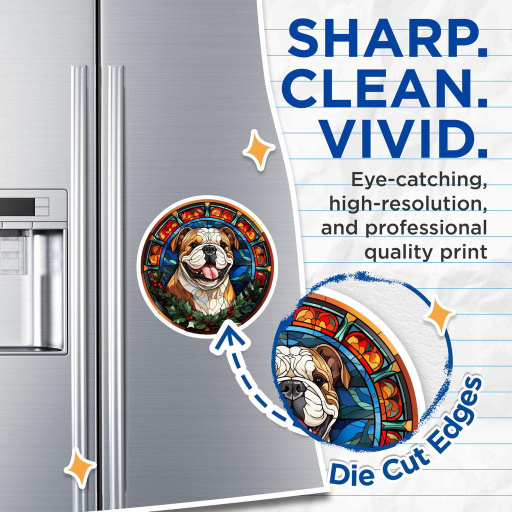 (2 Pack) Stained Glass Bulldog Magnets - Christmas Holiday Pet Decor - Festive Dog Refrigerator Art - 5 Inches On Longest Side - Thick Durable Magnet - Made in USA - MAG23602