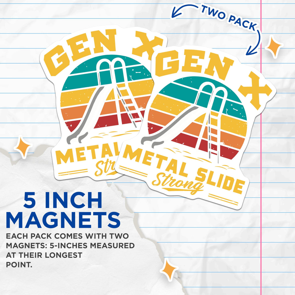 (2 Pack) Gen X Metal Slide Magnets - Retro Slide Art - Funny Generation X Nostalgia Magnet - 5" On Longest Side - for Cars, Fridges, Toolboxes - Made in USA - MAG5598