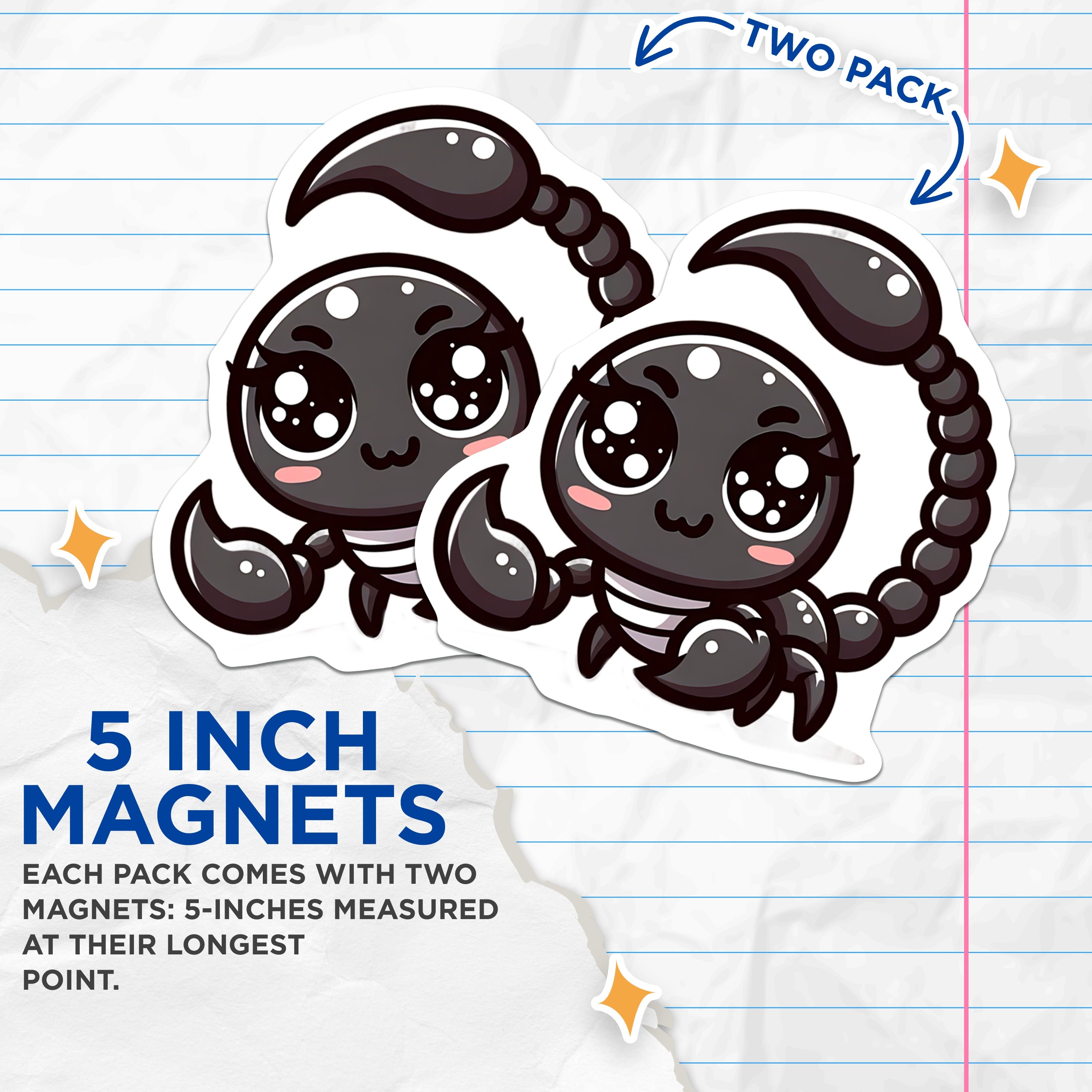 (2 Pack) Cute Scorpion Magnets - Kawaii Chibi Insect - Scorpio Zodiac Decor - Refrigerator School Locker Magnet - 5 Inches On Longest Side - Thick Durable Magnet - Made in USA - MAG38624