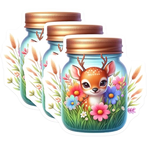 (3 Pack) Cute Deer Decals - Flower Jar - Laptop Stickers - 3 Inches On Longest Side - Easy Peel & Apply - Made in USA - 3MCS8140