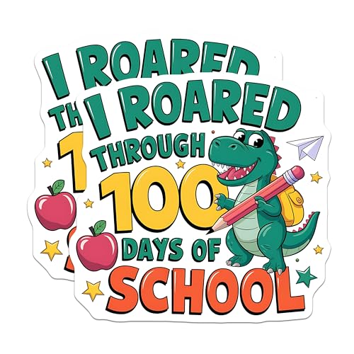 (2 Pack) 100 Days of School Stickers - Fun Dinosaur School Stickers - Cute Classroom Celebration Stickers - 5" On Longest Side - Sticks to Any Smooth Flat Surface - Made in USA - BMCS3502