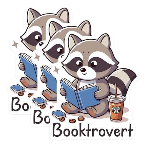 (3 Pack) Booktrovert Raccoon Decals - Reading Raccoon - Coffee Lover - Laptop Decal - 3 Inches On Longest Side - Easy Peel & Apply - Made in USA - 3MCS4983