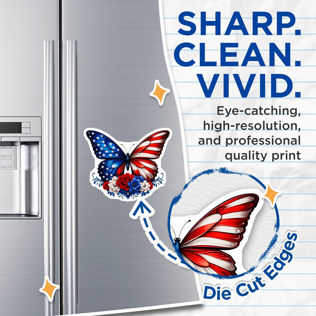 (2 Pack) American Flag Butterfly Magnets - Patriotic Red White Blue Flowers - Independence Day Refrigerator Decoration - 5 Inches On Longest Side - Thick Durable Magnet - Made in USA - MAG23166