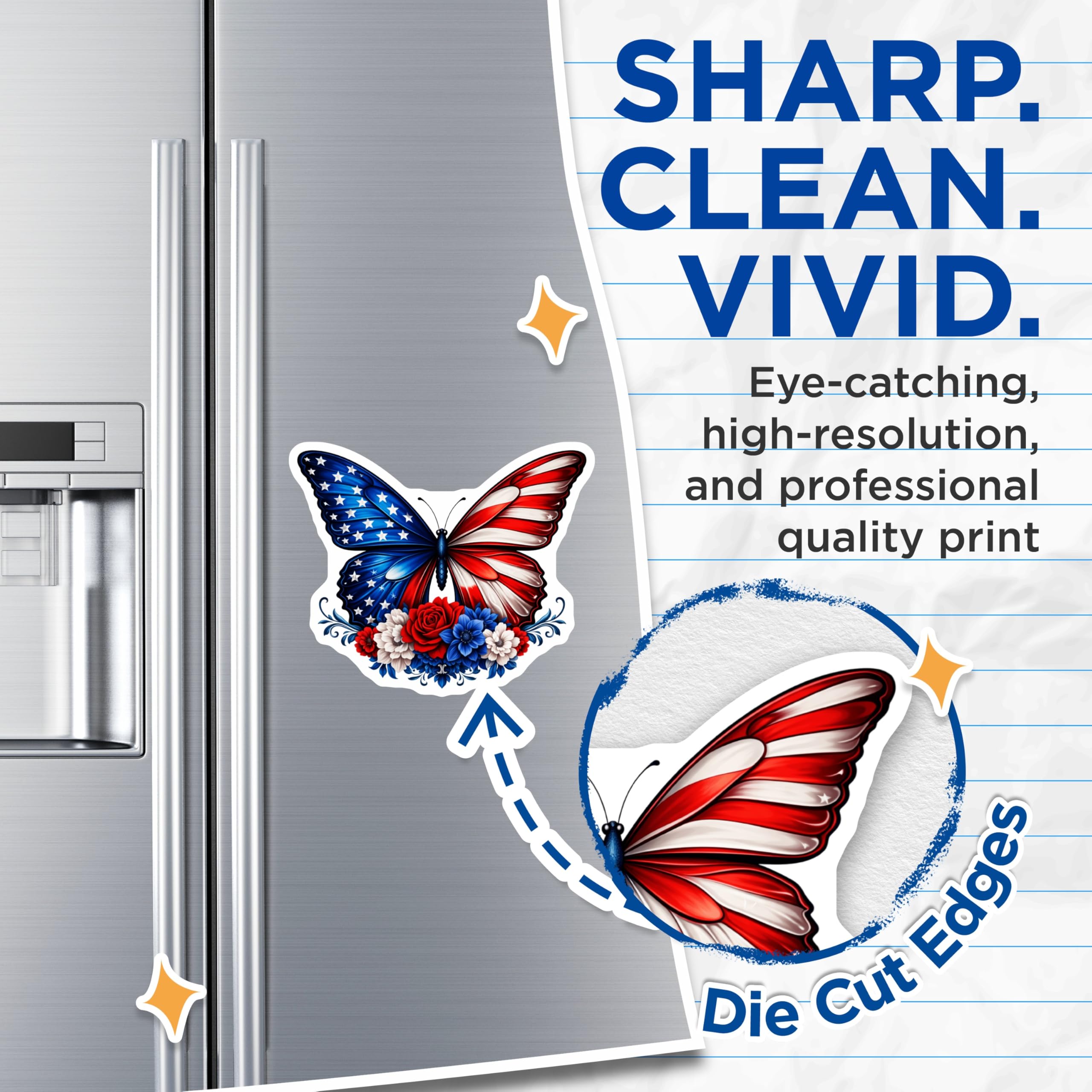 (2 Pack) American Flag Butterfly Magnets - Patriotic Red White Blue Flowers - Independence Day Refrigerator Decoration - 5 Inches On Longest Side - Thick Durable Magnet - Made in USA - MAG23166