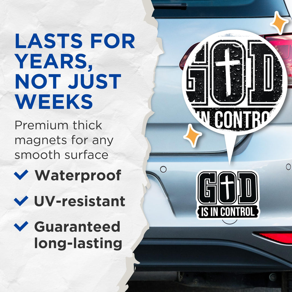 (2 Pack) God is in Control Magnets - Christian Faith Decor - Inspirational Jesus Cross - Spiritual Religious Reminder - 5 Inches On Longest Side - Thick Durable Magnet - Made in USA - MAG30916