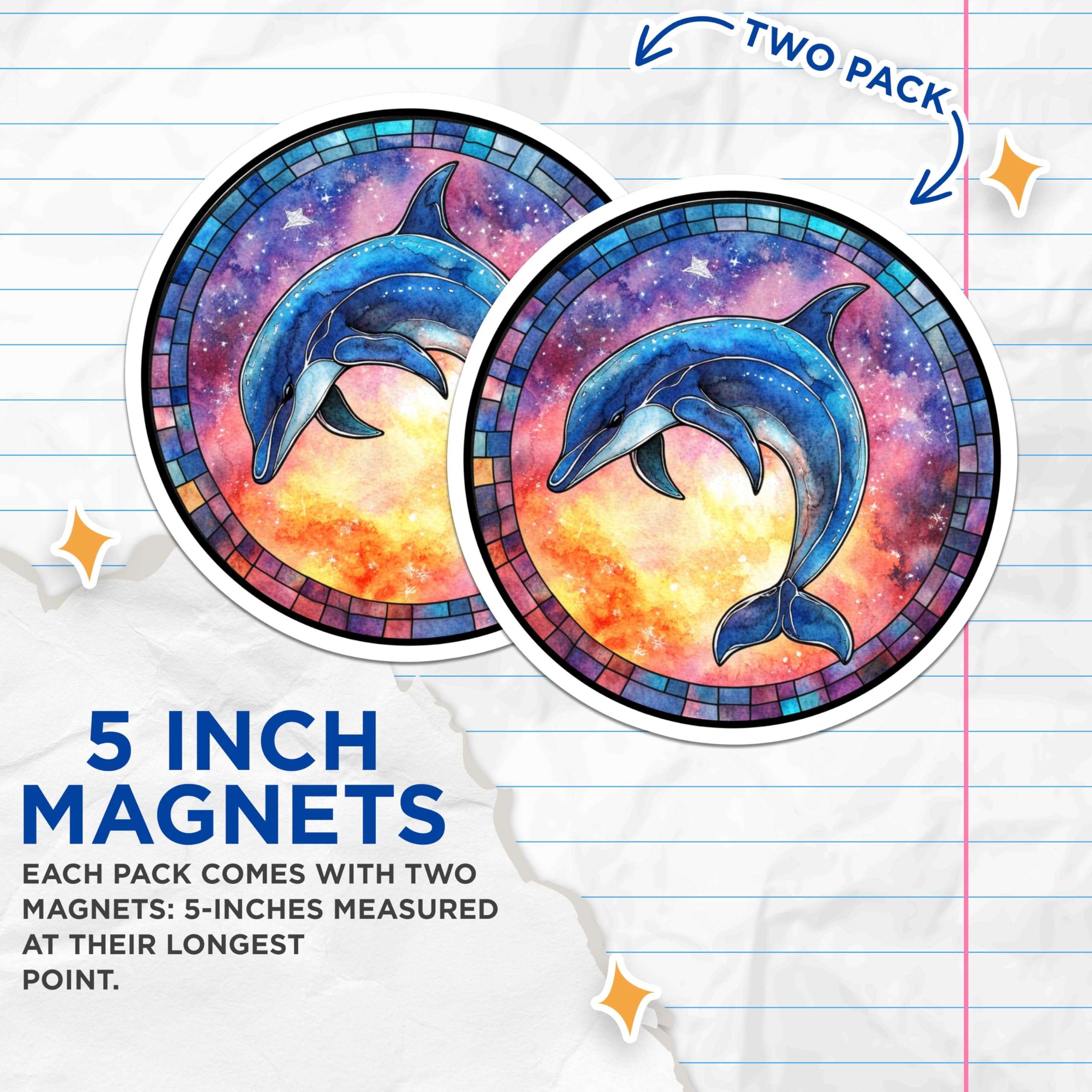 (2 Pack) Dolphin Stained Glass Magnets - Celestial Ocean Art - Watercolor Fridge Decor - 5 Inches On Longest Side - Thick Durable Magnet - Made in USA - MAG25228