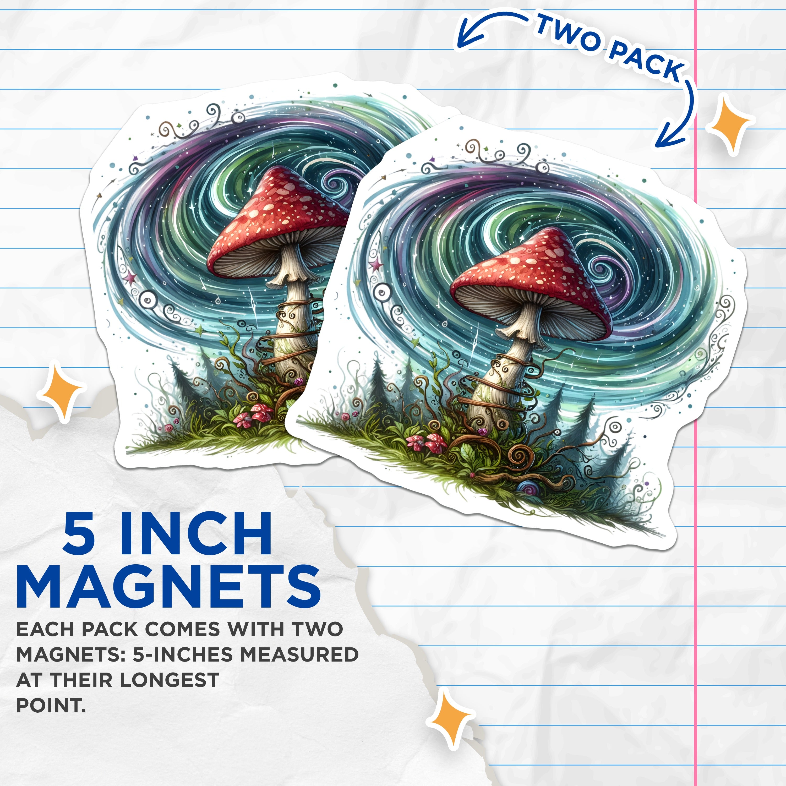 (2 Pack) Whimsical Mushroom Magnets - Fairycore Decor - Cosmic Forest Art - 5 Inches On Longest Side - Thick Durable Magnet - Made in USA - MAG38793