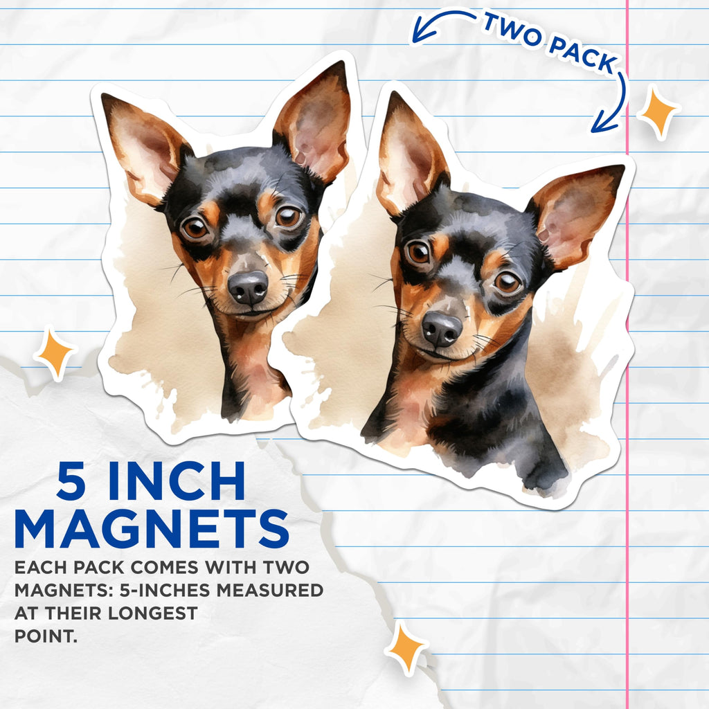 (2 Pack) Miniature Pinscher Magnets - Watercolor Min Pin Dog Art - Dog Mom Dad Fridge Decor - Small Breed Canine Accent - 5 Inches On Longest Side - Thick Durable Magnet - Made in USA - MAG30618