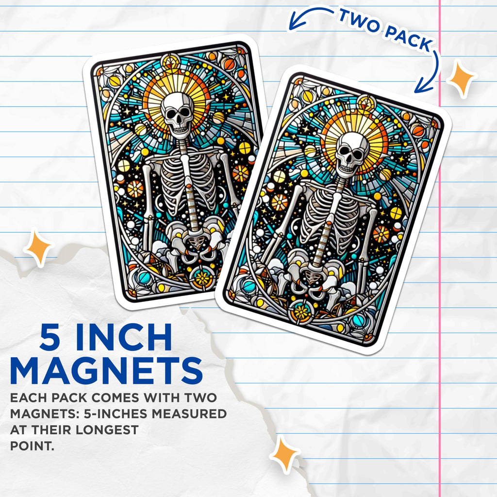 (2 Pack) Stained Glass Skeleton Magnets - Celestial Skull Decor - Gothic Aesthetic Fridge Art - 5 Inches On Longest Side - Thick Durable Magnet - Made in USA - MAG20315