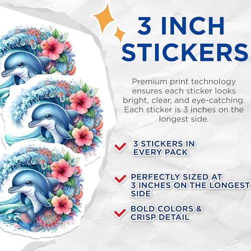 (3 Pack) Dolphin Decals - Ocean Animal Stickers - Tropical Flower Art - 3 Inches On Longest Side - Easy Peel & Apply - Made in USA - 3MCS8249
