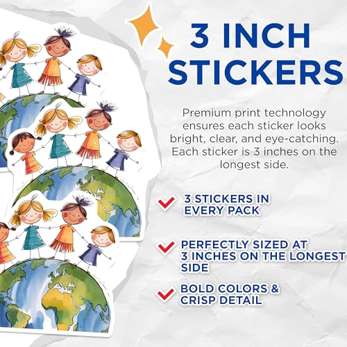(3 Pack) Kids On World Decals - Earth Day Decals - Children Around Globe Decals - 3 Inches On Longest Side - Easy Peel & Apply - Made in USA - 3MCS7204