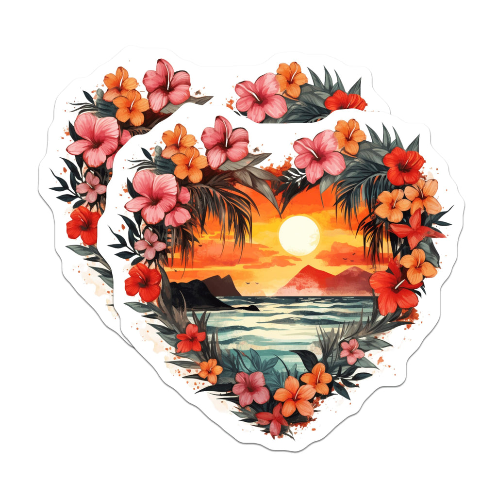 (2 Pack) Heart Tropical Sunset Magnets - Hawaiian Floral Ocean Art - Island Paradise Decor - 5 Inches On Longest Side - Thick Durable Magnet - Made in USA - MAG20754