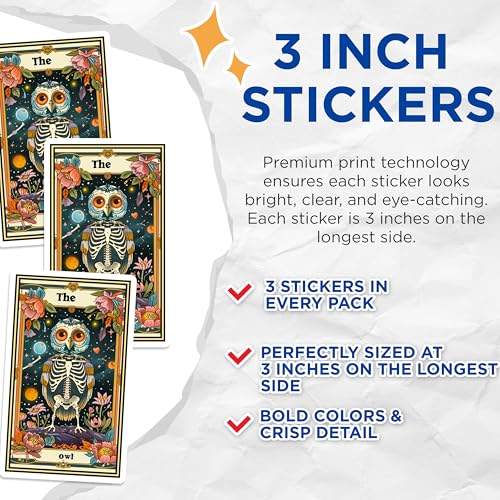(3 Pack) Owl Tarot Card Decals - Skeleton Bird - Witchy Decal - 3 Inches On Longest Side - Easy Peel & Apply - Made in USA - 3MCS2411