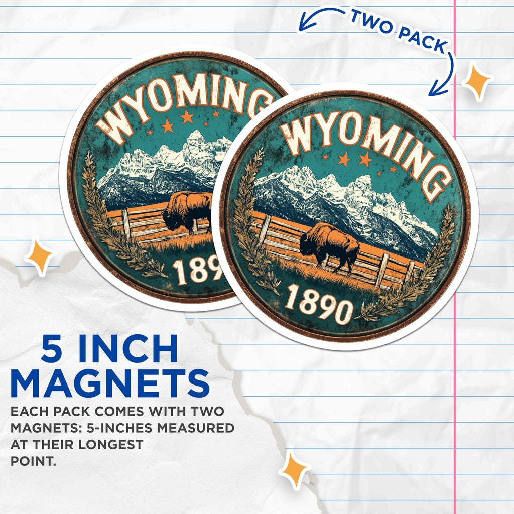 (2 Pack) Wyoming Magnets - Buffalo Scene - Yellowstone State Decor - 5" On Longest Side - Premium Magnet - for Cars, Refrigerators, Toolboxes, Lockers - Made in USA - MAG14659
